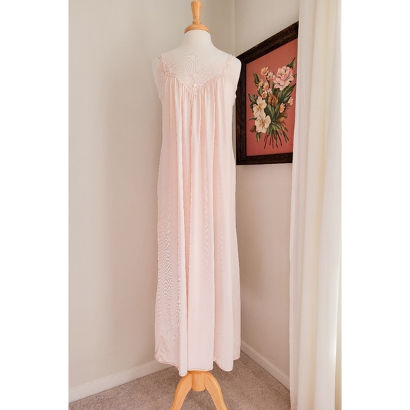 70s Pale Pink Floral Lace V Neck Split Strap Vintage Neutral Maxi Nightgown - Picture 4 of 16